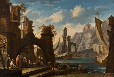 Mediterranean Port with Castle in Ruins, Ships and Figures by Clemente Spera